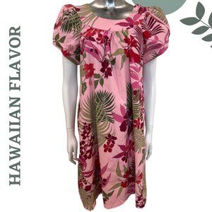 Vintage-Inspired Hawaiian Flavor Island Print Dress | Tulip Puff Sleeves | Small